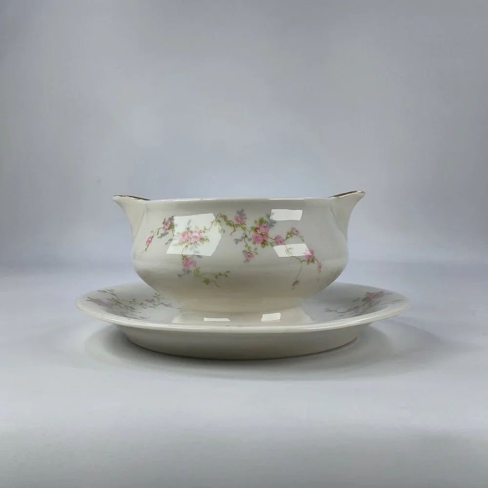 Theodore Haviland New York Pink Spray Gravy Boat Attached Underplate Gold Trim